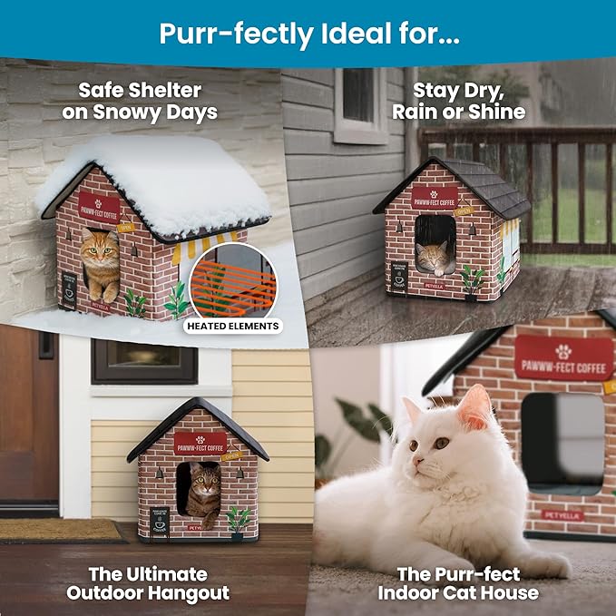 Deluxe Heated Cat House for Winter - Weatherproof, Insulated, Easy Assembly, Cat Heating Pad, Dual Escape Doors, Outdoor & Indoor Cat House - Coffee Pethouse
