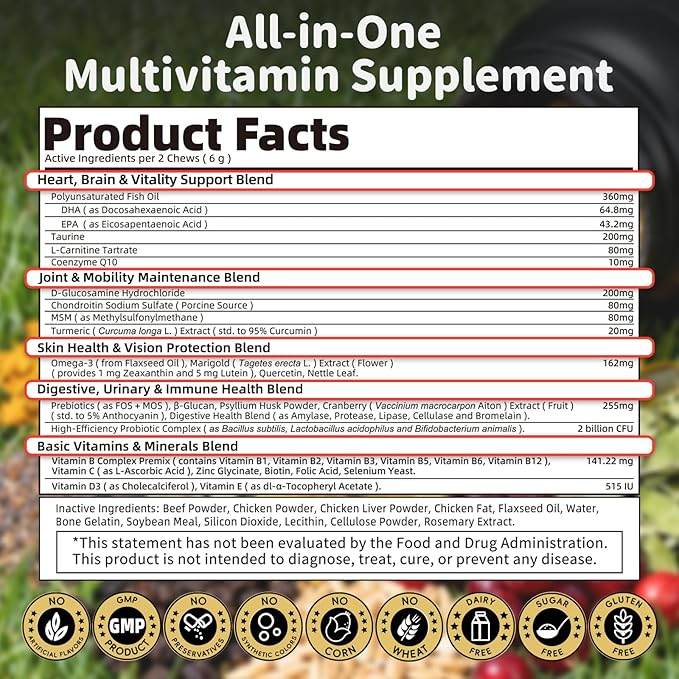 25-in-1 Dog Multivitamin Chews – All-in-One Daily Vitamins & Supplements for Dogs, Joint Support with Glucosamine MSM, Omega-3 Skin & Coat, Gut, Heart & Brain, All Breeds & Ages, Beef, 90Ct