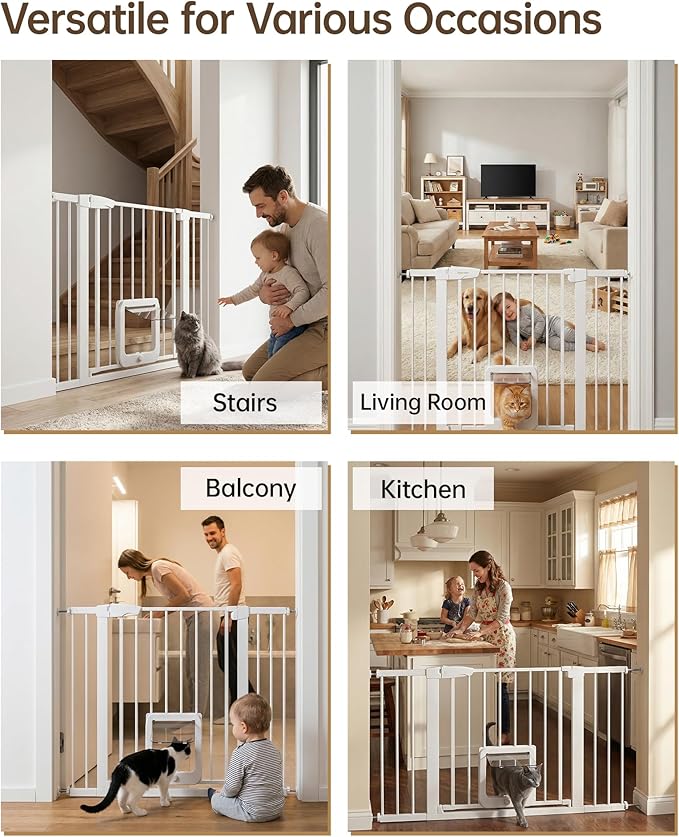 Baby Gate with Cat Door, 29.92-48 ” Wide Baby Gate for Stairs, Pressure Mounted Gate No Drill, Auto Close Dog Gate for Doorways, Easy Walk Through Safety Gates with Pet Door, Indoor, White