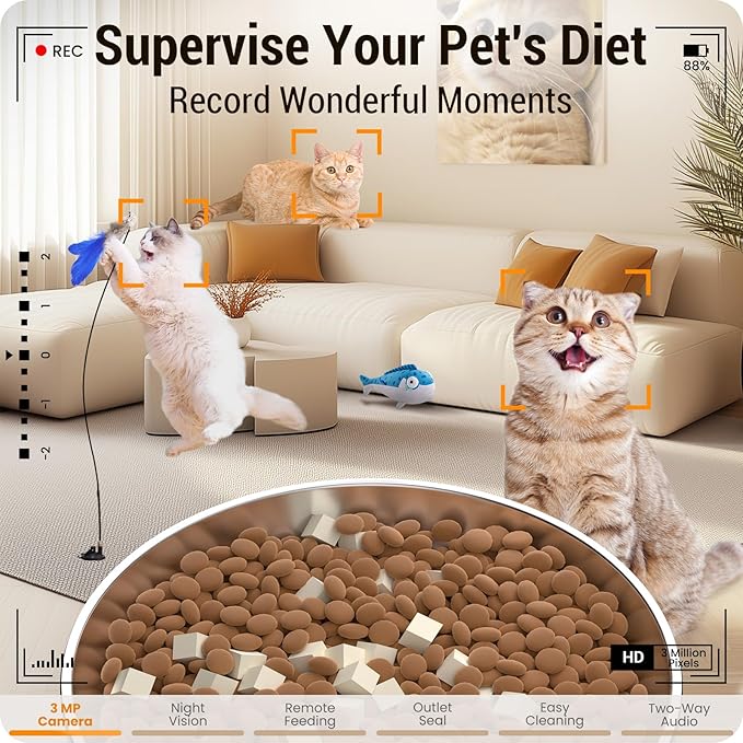 Automatic Cat Feeder with 3MP Camera: 5G WiFi Automatic Dog Feeder with Night Vision, 5L Timed Auto Cat Food Dispenser with APP for Pet, Detachable for Easy Clean-21 Cups
