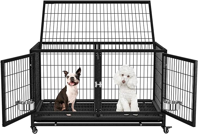 48 inch Heavy Duty Dog Crate for Large Dogs, Stackable Dog Kennels and Metal Wire Cages with Feeding Bowls, Leak-Proof Pans, Removable Wire Trays and Divider, Extra Large XL XXL