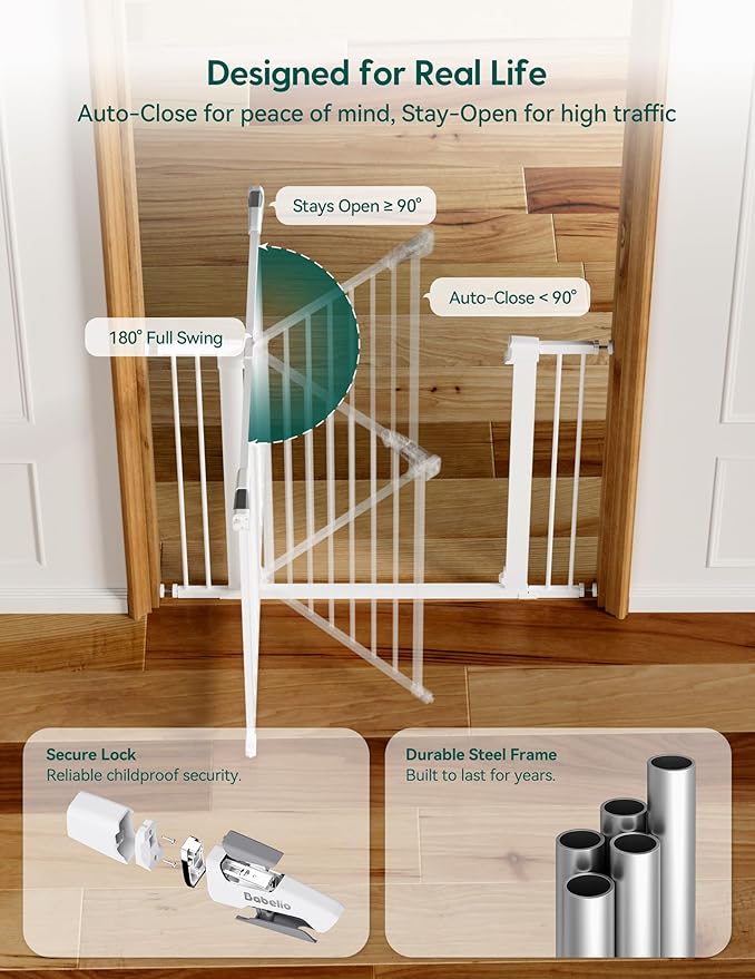 Babelio Baby Gate, 29-48 Inch Auto Close Pet Gate PressGuard P7, Easy Install Pressure-Mounted Safety Gate, Extra Wide Pet Gate for Stairs and Doorways, 2 Pack White