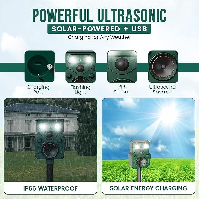 2026 New Solar Ultrasonic Animal Repellent for Yard IP65, Animal Repeller, Ultrasonic Cat Repellent Outdoor Motion Sensor, Motion Sensor & Flashing Light, Repel Dogs, Deer Repellent, Raccoon, Rabbit
