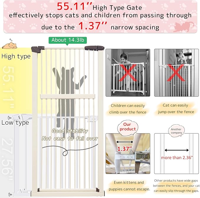 Lumizone Extra Tall Pet Gate 55.12" High Pressure Mounted 46.65"-50.78" Extra Wide (9 Sizes) 1.37" Gap for Cat Dog Stairs Doorway Hallway No Drilling Auto-Close (46.65"-50.78" W, Cream White)