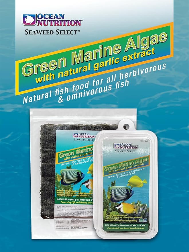Ocean Nutrition Seaweed Select Green Marine Algae - Nutritious Fish Food for Herbivorous Marine Fish, Live Fish & Invertebrates - Natural Seaweed Sheets with Garlic Extract - 50 Sheets, 5.29 oz (150g)