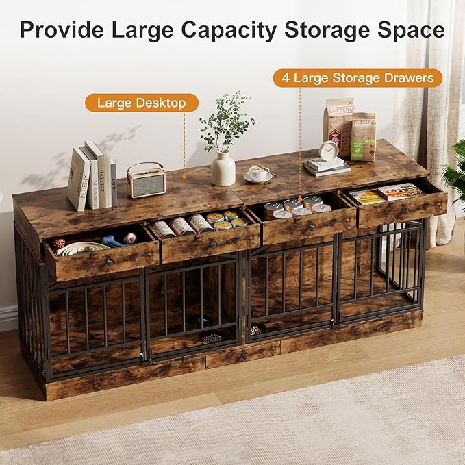 GAOMON Dog Crate Furniture for 2 Dogs, 78.7'' Large Dog Kennel Indoor with 4 Storage Drawers and Feeding Bowls, Double Dog Crate TV Stand for Small and Medium Dogs, Brown