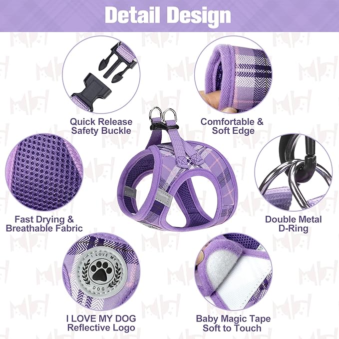 BEAUTYZOO Small Dog Harness and Leash Set, Step in No Choke No Pull Soft Mesh Dog Harnesses Reflective for Extra-Small/Small Medium Puppy Dogs and Cats, Plaid Dog Vest Harness for XS S Pets, Purple M