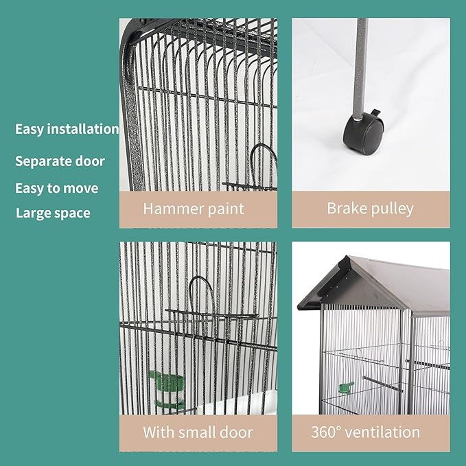 Bird Cage with Rolling Stand Spacious Space for Parakeets Cockatiels Parrot Green Cheek Conures Pigeons Lovebird (25.98''L x 25.59''W x 57.48''H) Grey One Size