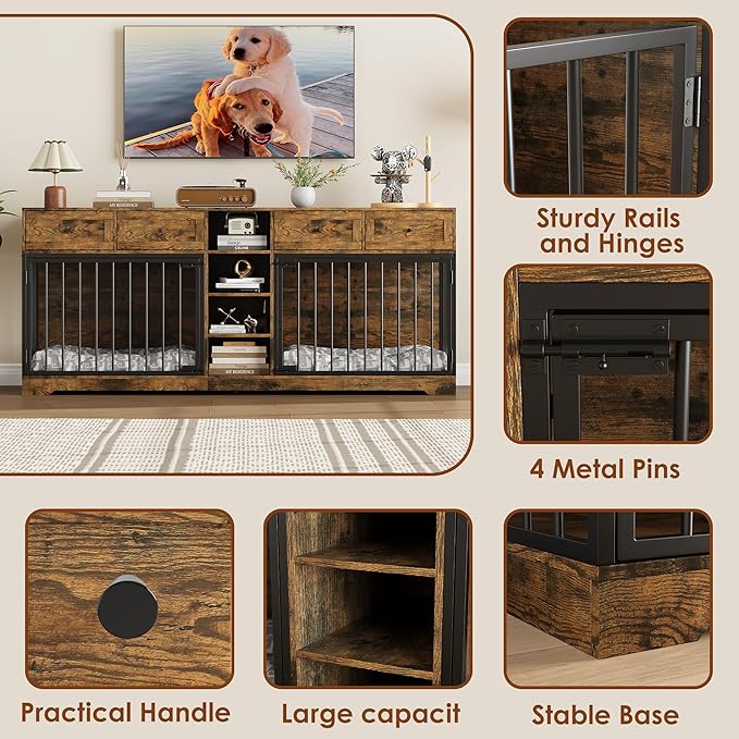 GAOMON 82 Inch Double Dog Crate Furniture with 4 Storage Drawers, Heavy Duty Extra Large Dog Kennel TV Stand for 2 Large Dogs, Wooden Indoor Pet House with 4 Open Shelves, Rustic Brown