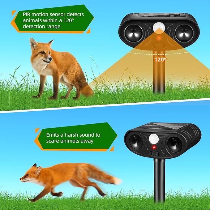 2026 Upgraded Solar Ultrasonic Animal Repellent Deer Repellent Devices Cat Deterrent Outdoor with Motion Sensor Dog Deterrent Keep Raccoon Squirrel Skunk Rabbit Away from Yard Lawn Garden 4 Pack