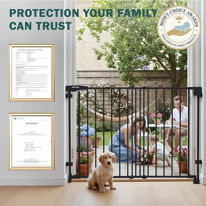 Mumeasy 29.5-43.3" Baby Gate for Stairs, No Bottom Bar Dog Gate with Removable Door & Slide-Adjust Drill Mount, Extra Wide Stairway & Hallway Walk Thru Pet Safety Gate for Doorways, Kitchen (Black)