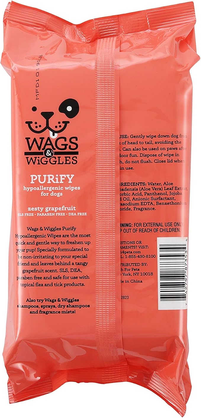Wags & Wiggles Purify Hypoallergenic Dog Wipes for Sensitive Skin, Paw and Body Grooming Wipes with Gentle Plant Based Formula for Everyday Cleaning, Zesty Grapefruit Scent, 100 Count - 2 Pack