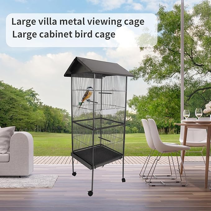 Bird Cage with Rolling Stand Spacious Space for Parakeets Cockatiels Parrot Green Cheek Conures Pigeons Lovebird (25.98''L x 25.59''W x 57.48''H) Grey One Size