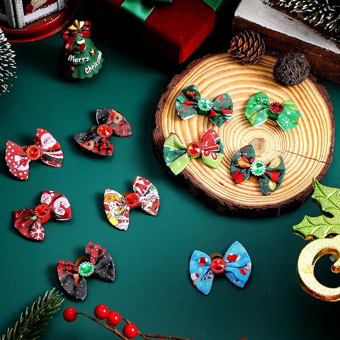 Tondiamo 100 Pack Christmas Dog Bows for Dogs Christmas Hair Bows with Rubber Bands Puppy Hair Bows Rhinestone Dog Bows Grooming with Santa Claus Christmas Tree Elk Snowflake Dog Hair Accessories