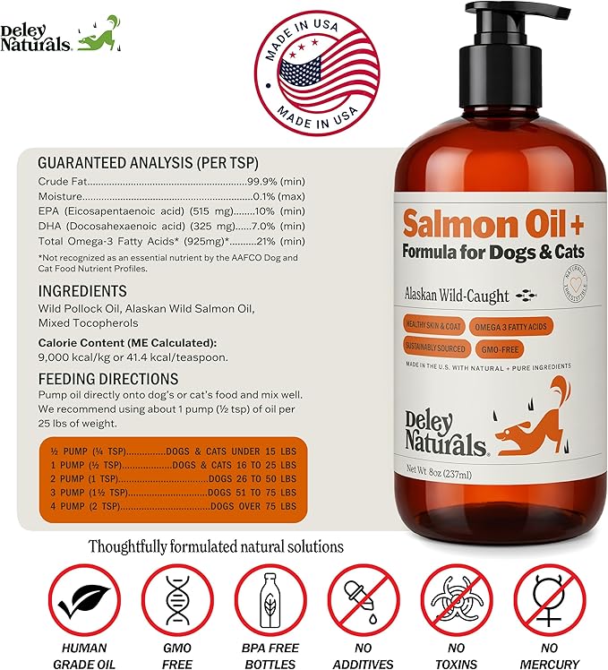Deley Naturals Wild Alaskan Salmon Oil for Dogs & Cats - New and Improved Salmon Oil Plus Formula - Fish Oil for Dogs with Omega 3, DHA and EPA - Omega 3 for Healthy Skin and Coat - 8oz Made in USA