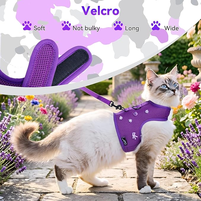 Cat Harness and Leash for Walking Escape Proof Breathable Mesh Fabric, Purple, Extra Large, Adjustable Cat Walking Jackets with DIY Beads, Padded Stylish Cat Vest