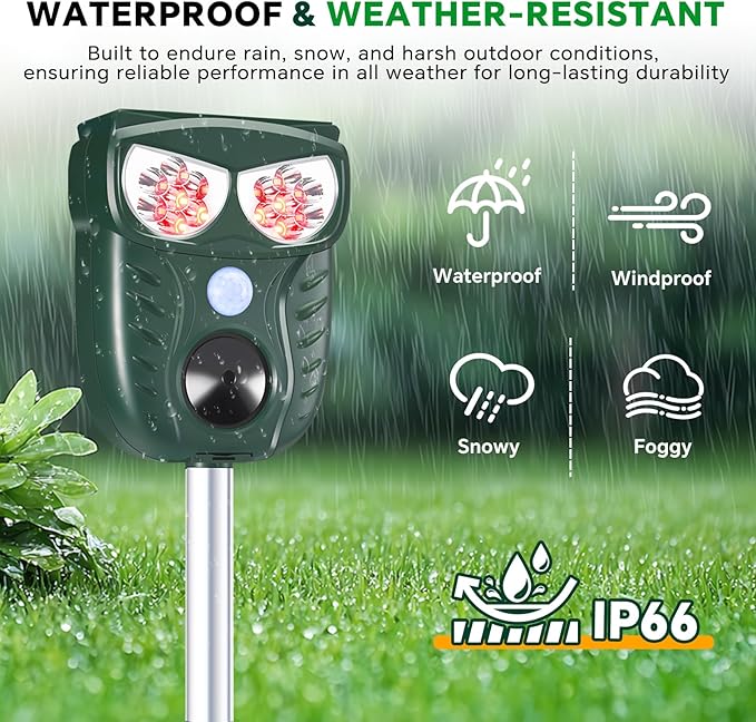 Solar Ultrasonic Animal Repellent Outdoor, Cat Squirrel Raccoon Dog Deer Repellent Device with Motion Detection, IP66 Waterproof Mouse Skunk Rodent Deterrent