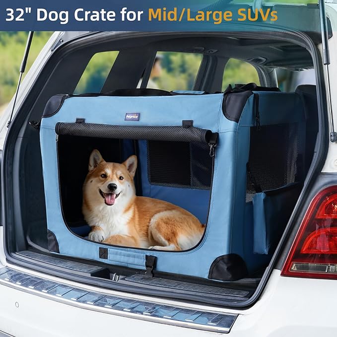 Petprsco Portable Dog Crate - 32"x23"x23" Collapsible Dog Travel Crate for Medium/Large Dogs with Soft Blanket, Foldable Bowl & Poop Bag Dispenser - Indoor & Outdoor Use