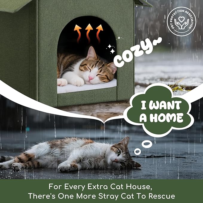 Outdoor Cat House Weatherproof, Insulated Cat Dog Houses for Outdoor/Indoor Cats for Winter, Waterproof Feral Stray Cat Shelter with Warm Cushion for All Seasons, Easy to Assemble, Olive Green