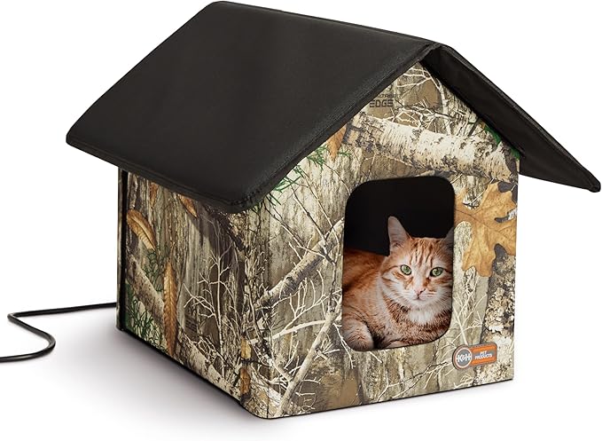K&H Pet Products Heated Outdoor Cat House for Outside Pets in Winter, Weatherproof Outdoor House for Ferals, Insulated Kitty Shelter, 2 Doors, Waterproof Heated Cat Bed, Safety Listed - Camo 20W