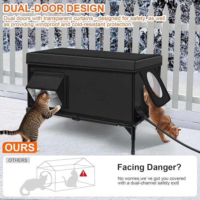 Heated Outdoor Cat House Weatherproof with Heating Pad, Heated Cats House for Outside, Insulated Feral Cat Houses for Outdoor Cats with Safe Escape Door, Elevated Outside Stray Cats Shelter(L)
