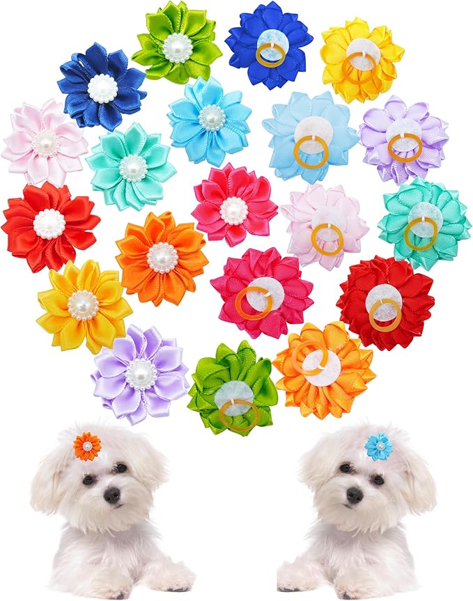 PET SHOW 20 Pack/10 Pairs Flower Small Dogs Hair Bows with Rubber Bands for Small Dogs Cat Puppy Topknot Party Birthday Grooming Hair Accessories