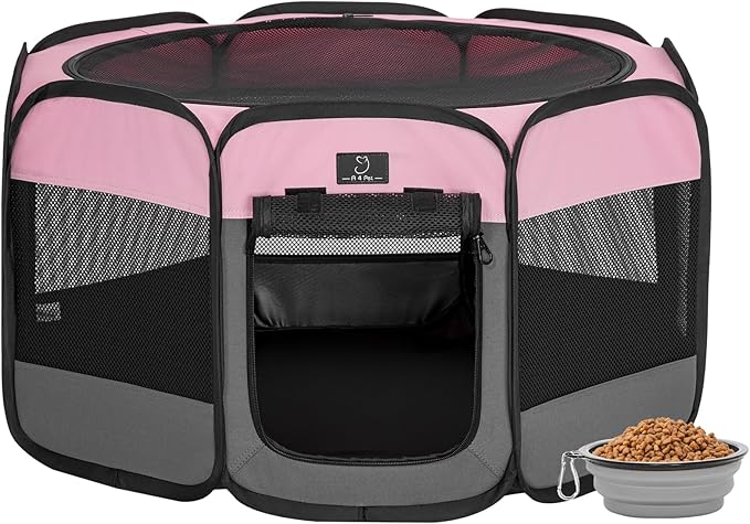 Portable Indoor Dog Playpen for Small Dogs & Puppies by A 4 Pet – 29.92" Pop-Up Soft Puppy Playpens with Bowl, Waterproof Floor, Calm Safe Space for Home, Travel & Daily Use