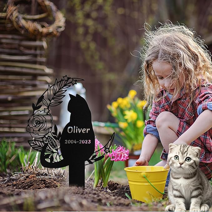 Custom Cat Grave Marker Outdoor, Personalized Metal Cat Memorial Grave Stake with Name and Date, Outdoor Waterrproof Cats Memorial Plaque