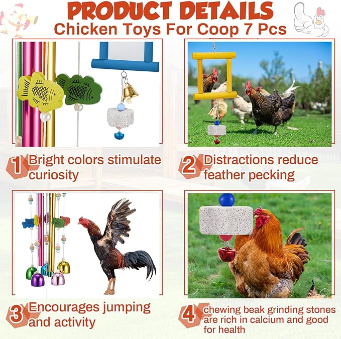 7 Pcs Chicken Toys, Hanging Chicken Wind Chime, 2 Pcs Coop Mirror Toys with Bells 4 Pack Beak Grinding Stones, Musical Coop Accessories for Hens Roosters Chicks Poultry Birds(Yellow，Blue)
