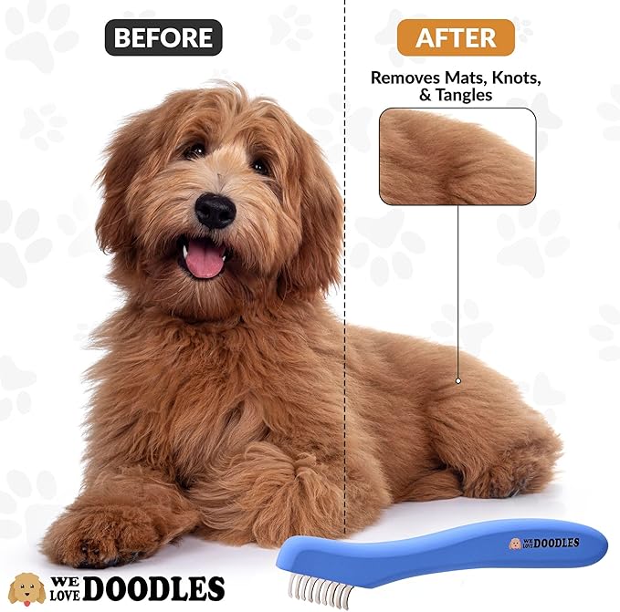 We Love Doodles Dematting Comb for Dogs - Dog Hair Mat Remover, Detangler Comb & Deshedding Tool, Removes Tangles, Knots, & Loose Hair, Metal Comb, Ergonomic Handle Family (5 Blades)