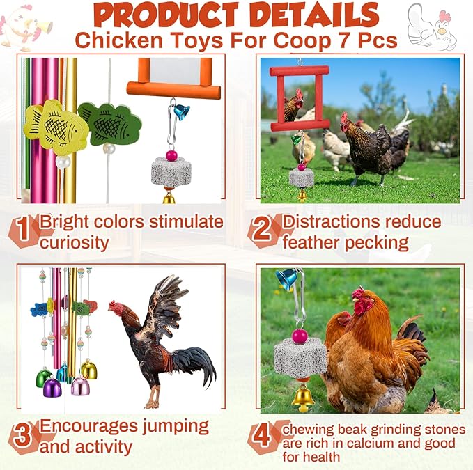 7 Pcs Chicken Toys, Hanging Chicken Wind Chime, 2 Pcs Coop Mirror Toys with Bells 4 Pack Beak Grinding Stones, Musical Coop Accessories for Hen Rooster Chick Poultry Birds(Red, Orange)
