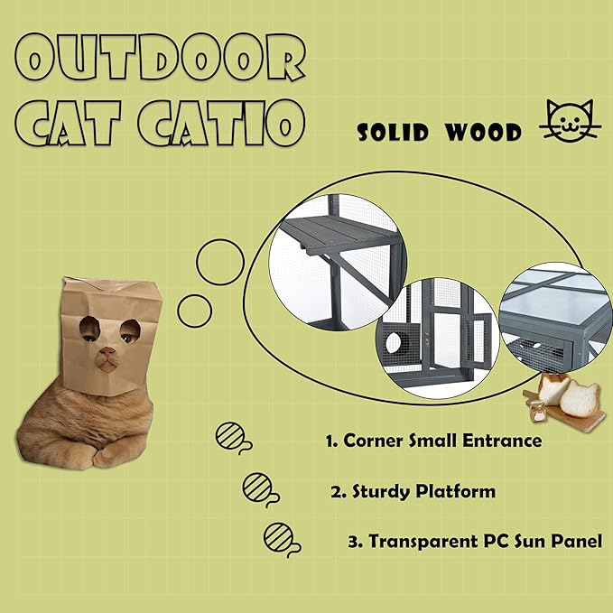 Merax Wooden Catio Indoor Outdoor Cat Enclosure with 7 Removable Boxes, Luxury Cat Cage Condo with Large Enter Door, 2 Platforms, Small House with Locks & Waterproof Roof， Grey