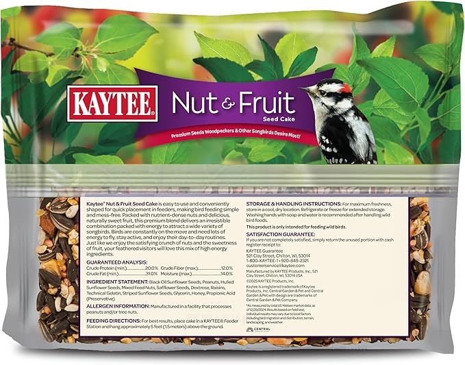 Kaytee Wild Bird Nut & Fruit Seed Cake for Cardinals, Nuthatches, Juncos, Woodpeckers, Grosbeaks and More Songbirds, 1.85 Pounds, Pack of 4