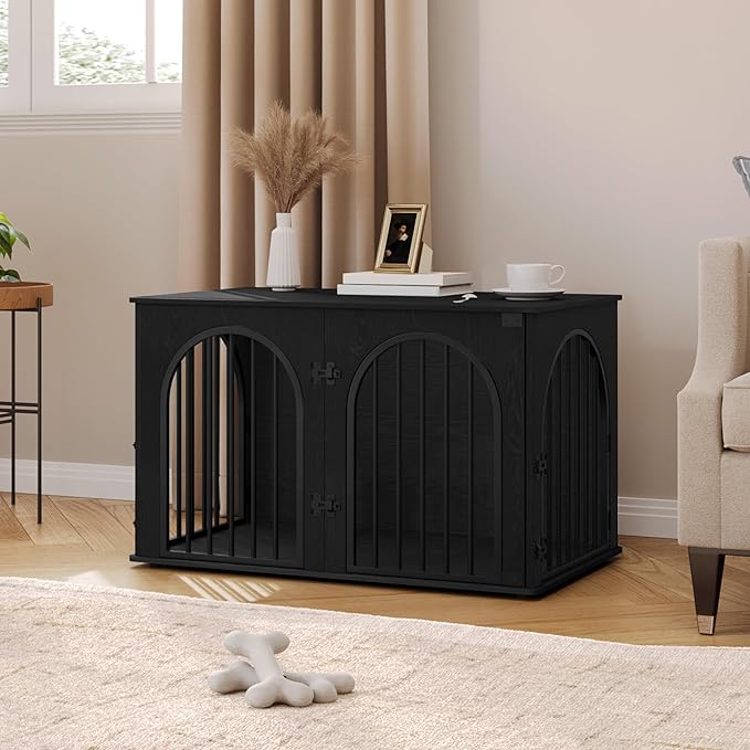 39.4" Wooden Dog Crate Furniture, Indoor Dog Kennel Dogs Cage for Small/Medium/Large Dogs, Heavy Duty Dog Crates Decorative Pet House End Side Table TV Stand, Black DFC84104B