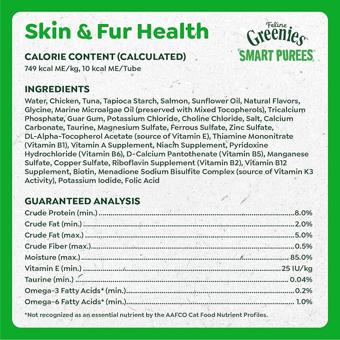 Greenies Feline Smart Purees Skin & Fur Health Lickable Cat Treats with Real Salmon, 0.49 oz. Tubes, 20 Count