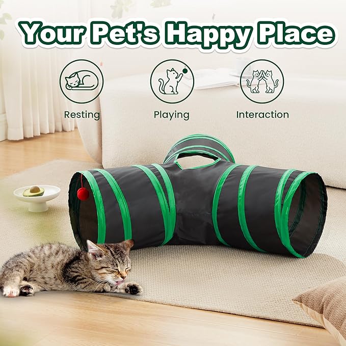 Love’s Cabin Cat Tunnel for Indoor Cats, 3-Way Collapsible Play Tunnel with Teaser Wand, Peek Holes & Toy Ball, Small Pet Toy for Kittens & Rabbits, Black & Green, Small Size