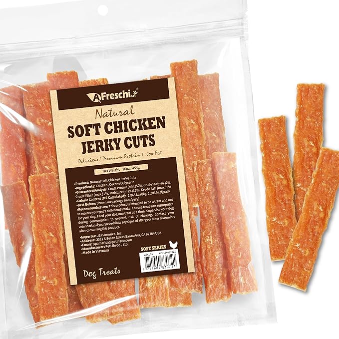 A Freschi srl Soft Chicken Dog Treats, All Natural, High-Protein, Healthy & Easily Digestible, Grain-Free Puppy Chews, Human Grade Training & Rewards Dog Snacks, Jerky Cuts, 16 oz Pack