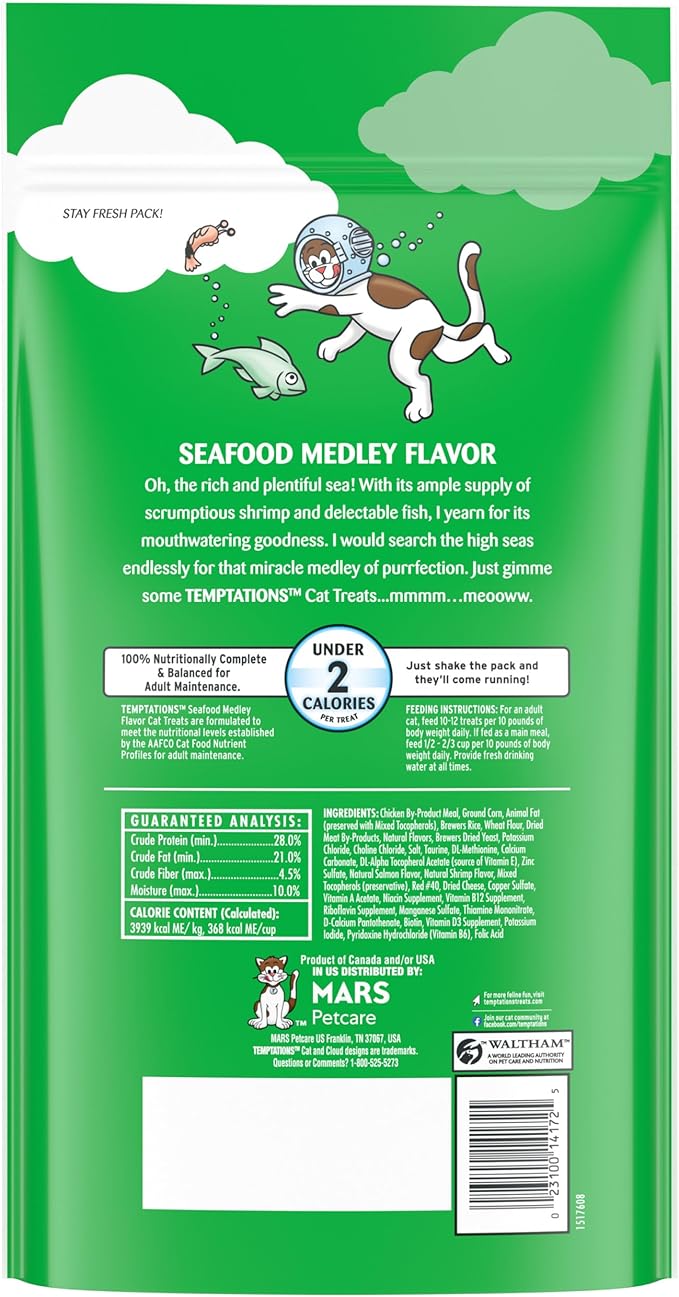 Temptations Cat Treats, Classic Crunchy and Soft Cat Treats, Seafood Medley Flavor, 48 oz. Pouch