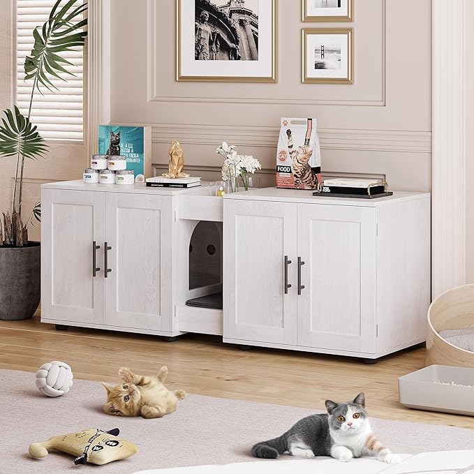 Garvee Cat Litter Box Enclosure for 2 Cats, 55" Hiddden Litter Box Enclosure Furniture 3-in-1 Wooden Litter Cabinet with Barn Door & Double Rooms for Bedroom Living Room,White