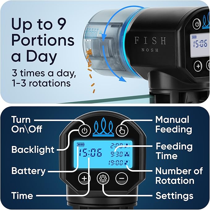 FISHNOSH Automatic Fish Feeder for Aquarium - New Generation 2026, Auto Food Dispenser with Timer for Small Tank, Big Aquariums & Pond (Blue)