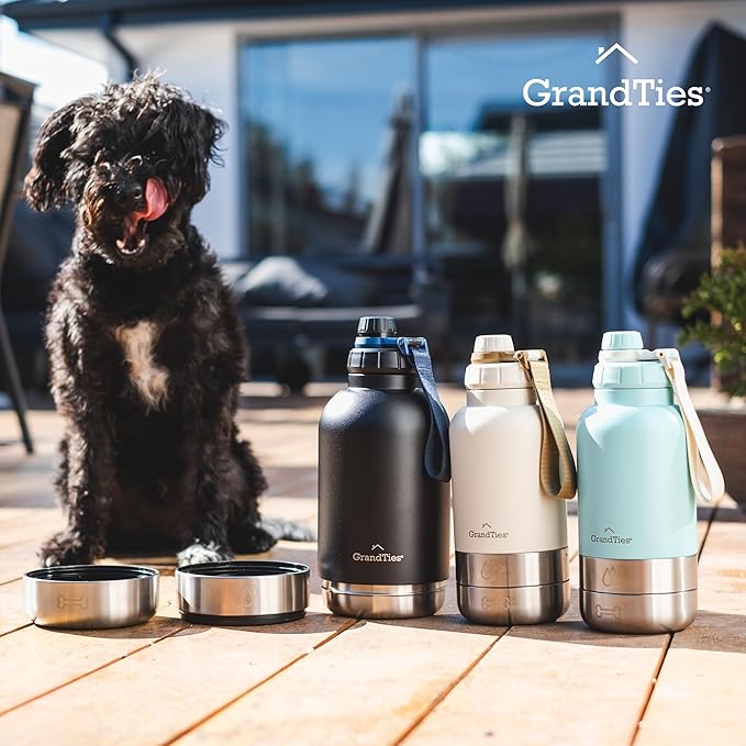 GrandTies Insulated Portable Dog Water Bottle with 2 Detachable Water Bowl Dispenser | Leak-Proof Dog Food Travel Container | Accessories for Dogs Walking, Hiking, Camping (32oz, Ivory White)