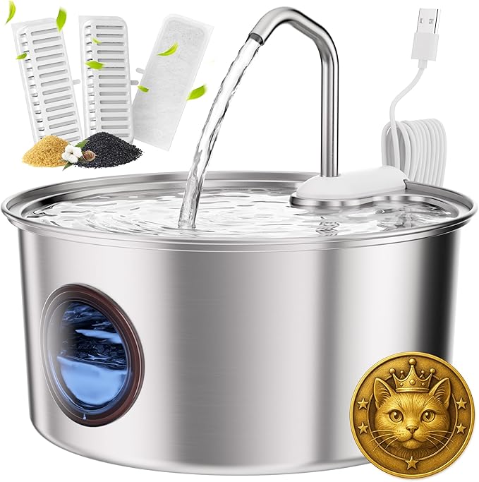 Cat Water Fountain Stainless Steel - 108oz/3.2L Automatic Cat Water Fountain for Drinking with 3PCS Filters, Metal Pet Water Fountain Water Dispenser for Cats, Puppy, Multiple Pets