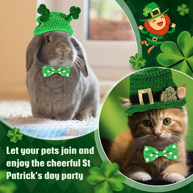 MTLEE 4 Pcs St Patrick's Day Pet Costume Accessories, 2 Pcs Shamrock Headband for Cat and 2 Pack Green Cat Neck Bow St. Patty's Day Top Hat with Ear Holes and Chin Straps Adjustable for Pets