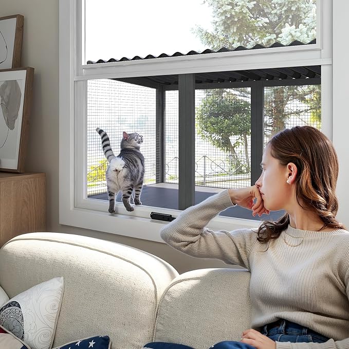 Cat Catio, Cat Window Perch for Large Indoor Cats - for Sunbathing, Napping & Overlooking, Wooden Window Hammock for Safely Enjoying The Outdoor Sights Scents and Sounds
