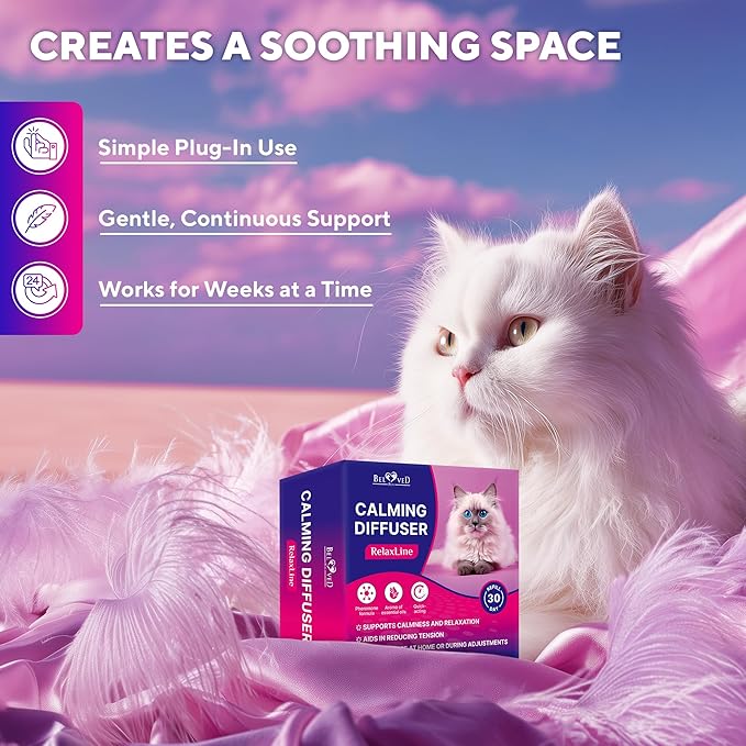 Beloved Pets Cat Calming Diffuser & Pet Anti Anxiety Products - Feline Calm Pheromones Plug in & Cats Stress Relief Comfort Helps with Pee, New Zone, Aggression