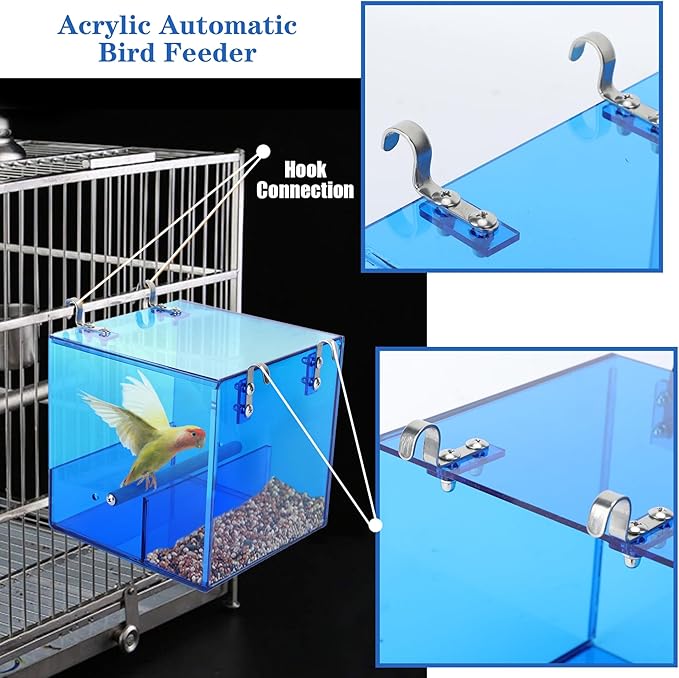 Automatic Bird Feeder Residue-Free Bird Cage Pet Feeder Seed & Pellet Container Suitable for Long-Tailed Parrots, Budgerigars, Parrots, Canaries Acrylic Material (Blue 6.3 x 6.3 x 6.3 inches)