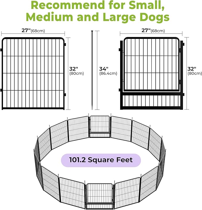 SunsGrove Dog Playpen Outdoor, Heavy Duty 32 Inch 16 Panels Dog Playpen for Small and Medium Dogs, Free and Safe Play Dog Fence Indoor, Black