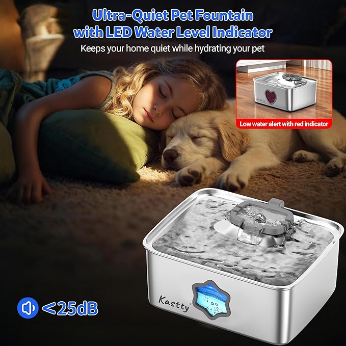 Kastty 15L/4Gal Dog Water Fountain, Stainless Steel Pet Water Bowl Dispenser with Visual Window, Automatic Dual-Color LED, 5-Stage Filtration, Ultra Quiet, for Large Medium Dogs & Multi-pet, FS81