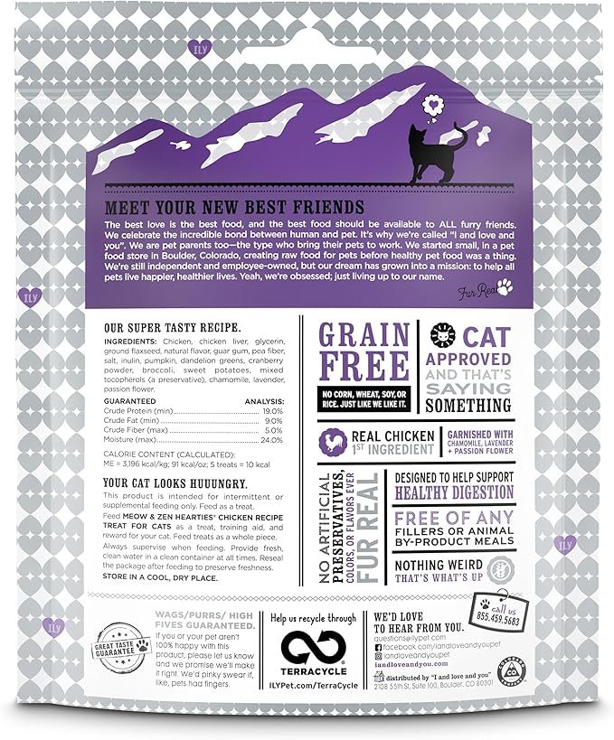 I AND LOVE AND YOU Meow & Zen Hearties Cat Treats - Chicken- Grain Free, Omega 3 & 6, Prebiotics, Filler Free, 4oz Bag (Pack of 2)