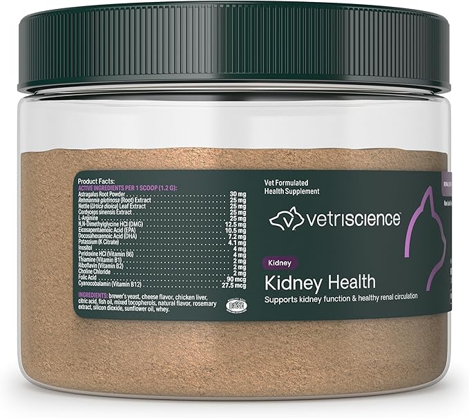 VetriScience Kidney Health Powder, Renal Essentials Supplement for Cats, Kidney Care and Support with Mushroom, Astragalus Root, Nettle Seed and Herbs, Chicken & Cheese, 60 Scoops
